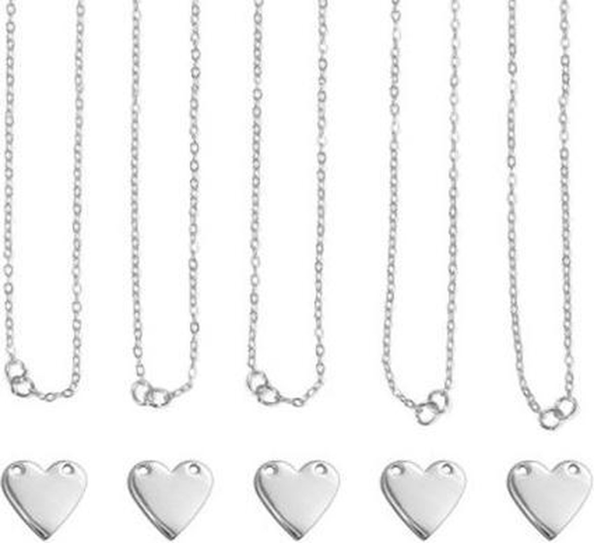 Halskettingset | hart  | zilverkleurig | 5 stuks